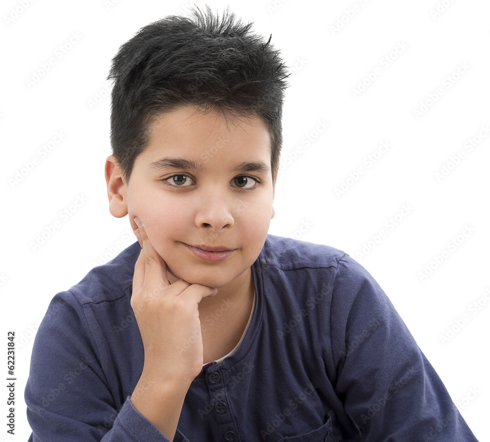 Child thinking with hand on his chin isolated on white Child thinking with hand on his chin isolated on white