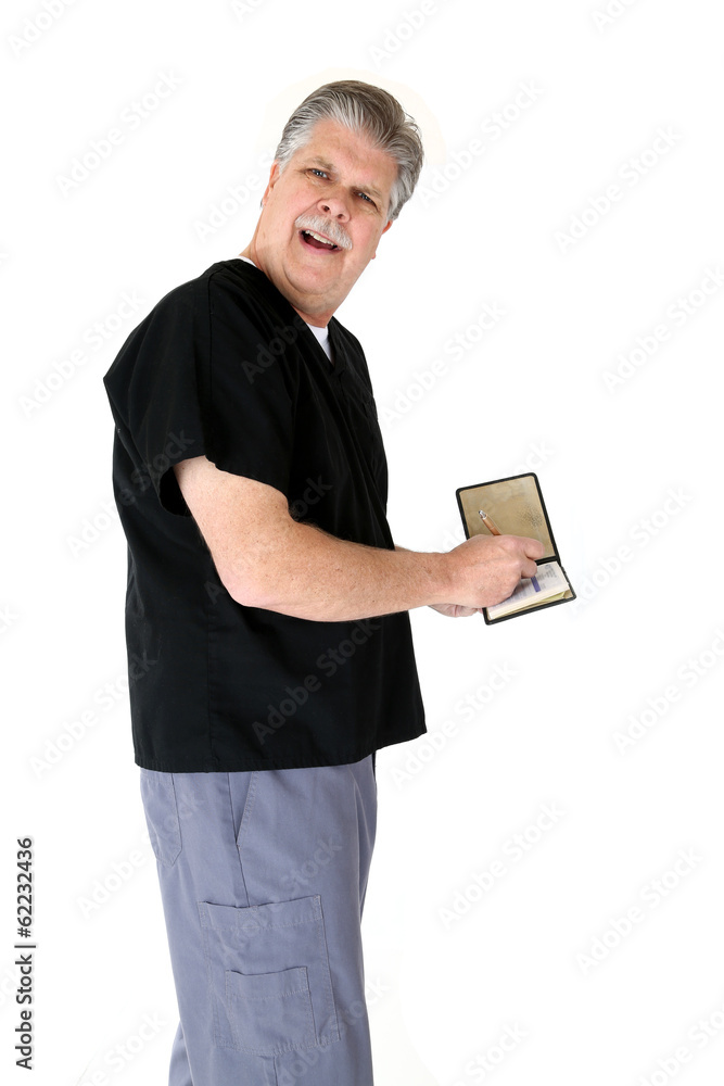 Medical doctor writing a prescription with a questioning look Medical doctor writing a prescription with a questioning look