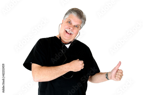 Medical doctor having fun checking his own heartbeat