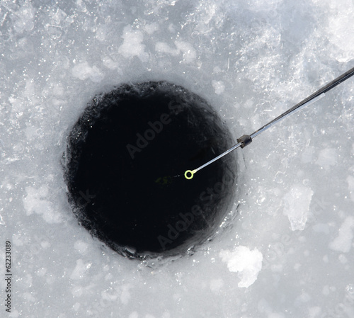 Fishing line in hole drilled in ice