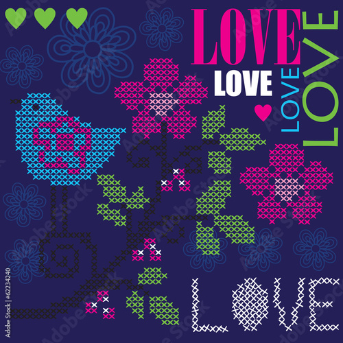 love bird embroidery invitation card background vector