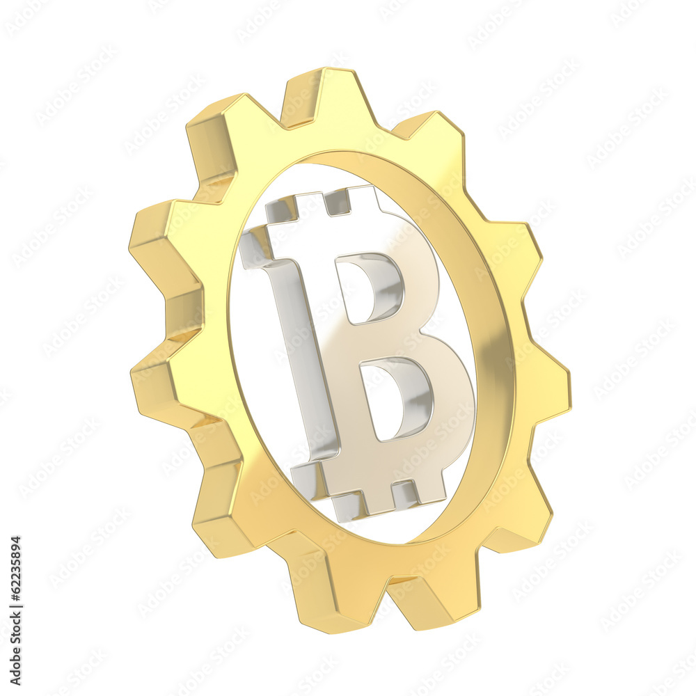Bitcoin sign inside of a cogwheel gear isolated Bitcoin sign inside of a cogwheel gear isolated