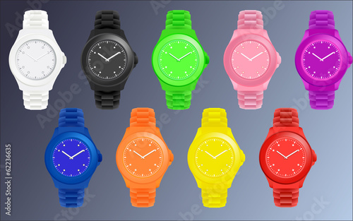 set of nine silicone colorful wristwatches, editable vector