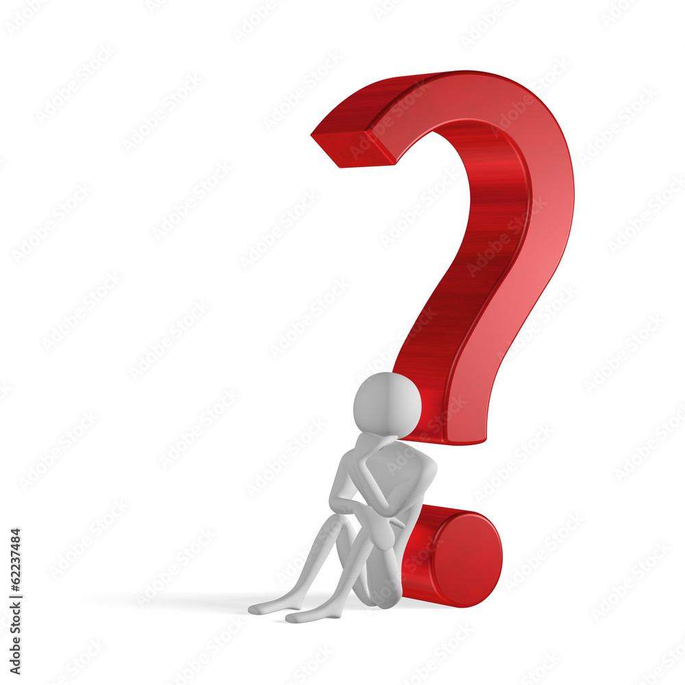 3d man thinking sitting leaning on question mark 3d man thinking sitting leaning on question mark