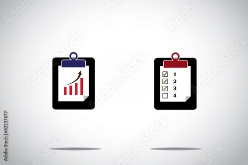 notepad exam pad symbols with progress arrow & to do list icons