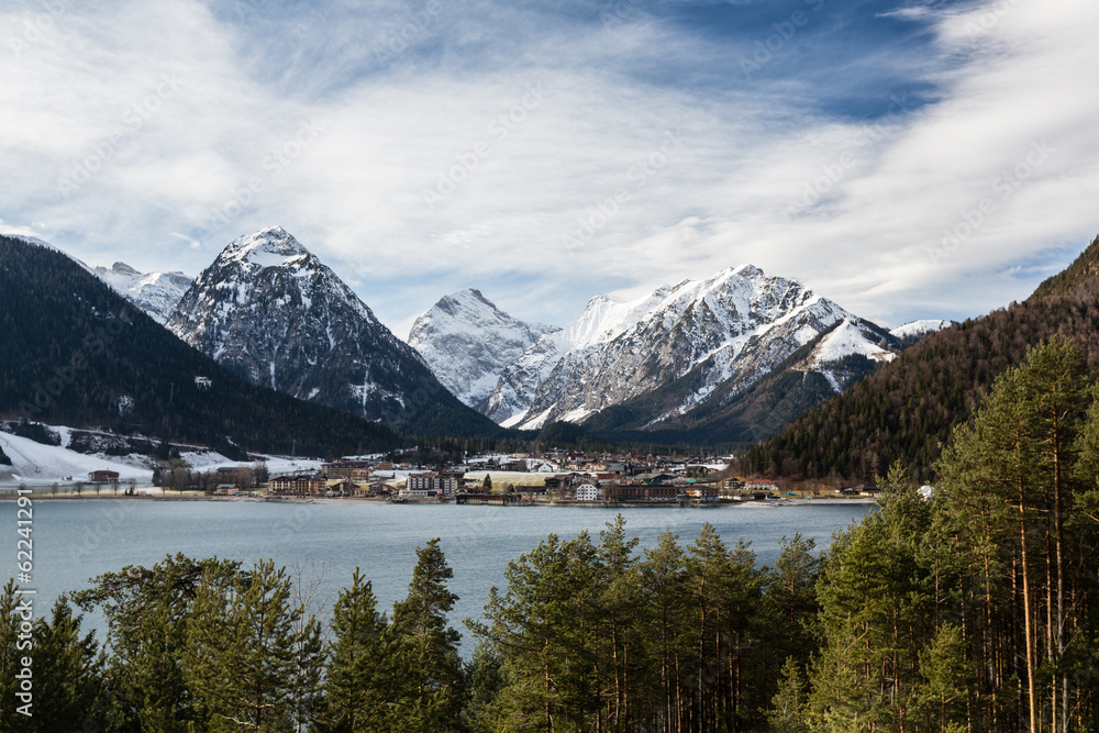 Town on a shore of a mountain lake Town on a shore of a mountain lake