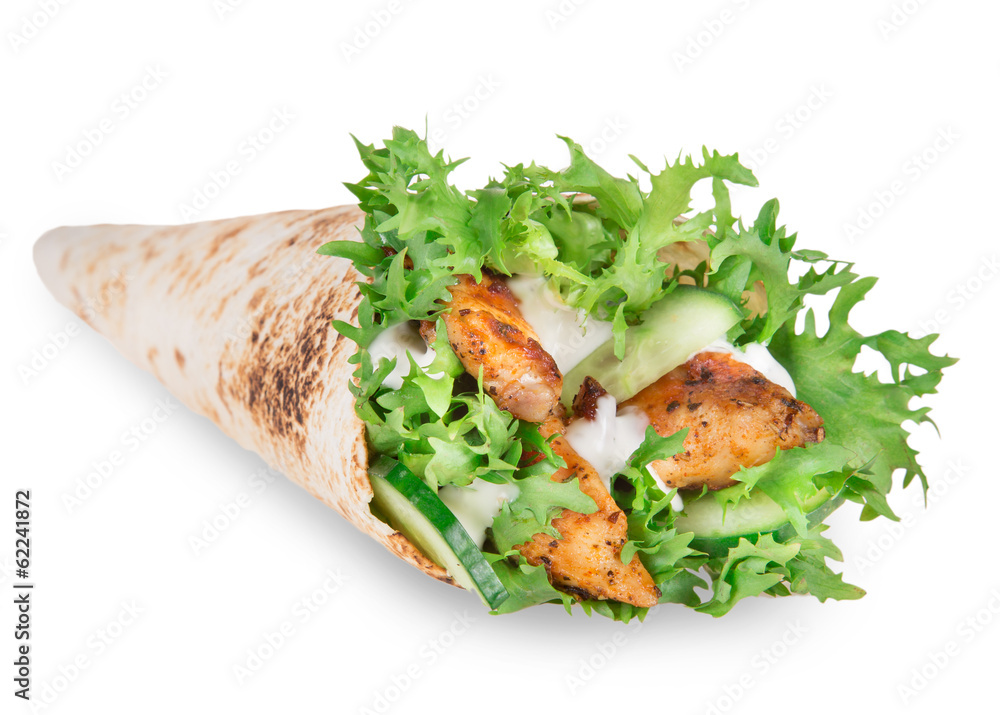 Chicken slices in a Tortilla Wrap over white Chicken slices in a Tortilla Wrap over white