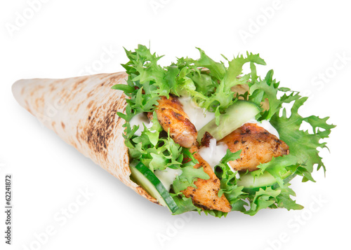 Chicken slices in a Tortilla Wrap over white
