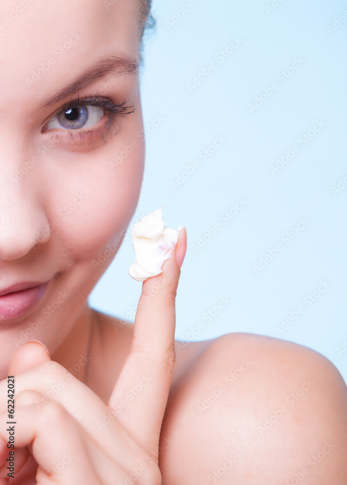 Skincare. Face of young woman girl taking care of dry skin.