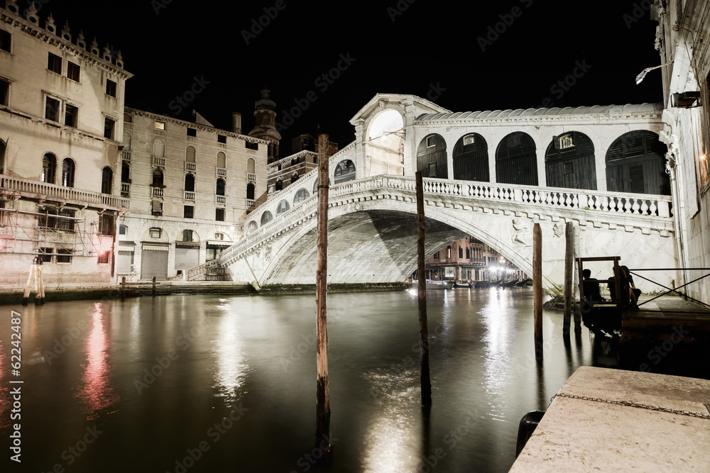 Venice grand canal, Rialto bridge night view. Italy