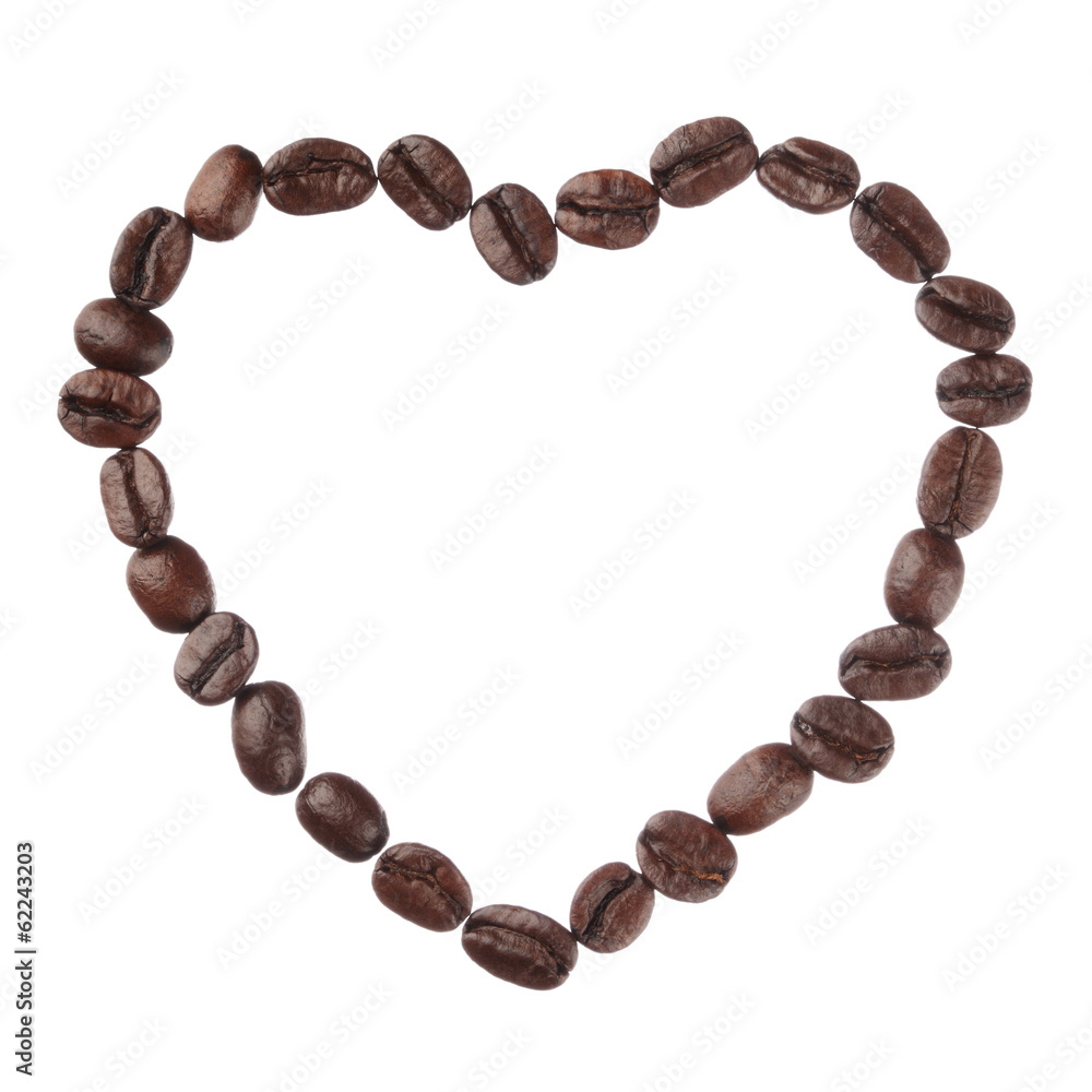 Coffee beans heart isolated on white background close up Coffee beans heart isolated on white background close up