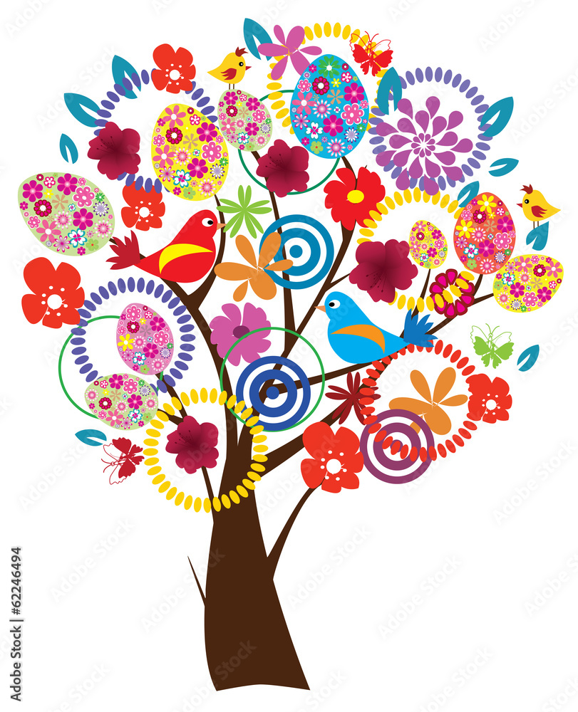 vector Easter tree with eggs, flowers, birds