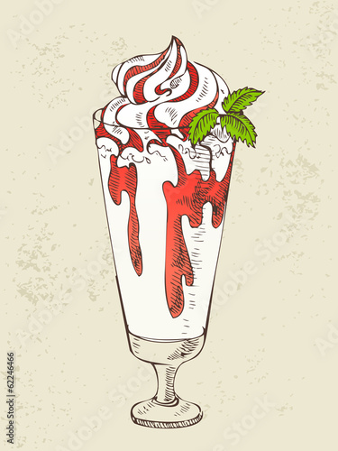 Milkshake with strawberry syrup in glass cup