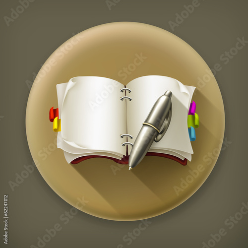 Notebook with pen, long shadow vector icon
