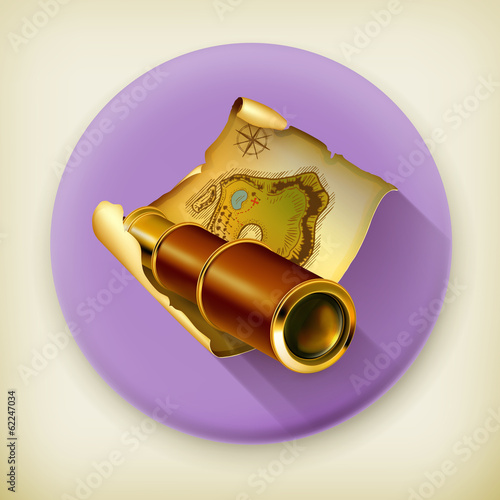 Old map and spyglass, long shadow vector icon