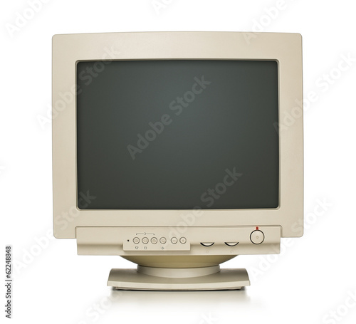Close up of old computer monitor isolated on white with path