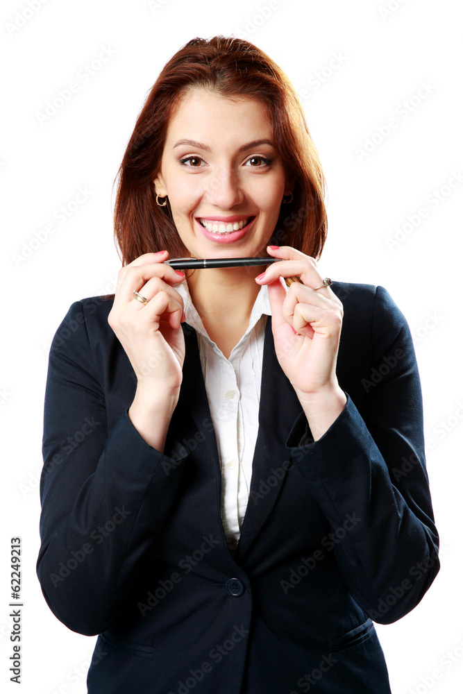 Cheerful businesswoman woman holding pen Cheerful businesswoman woman holding pen