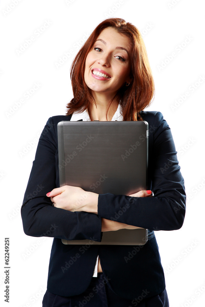 Cheerful businesswoman holding laptop Cheerful businesswoman holding laptop