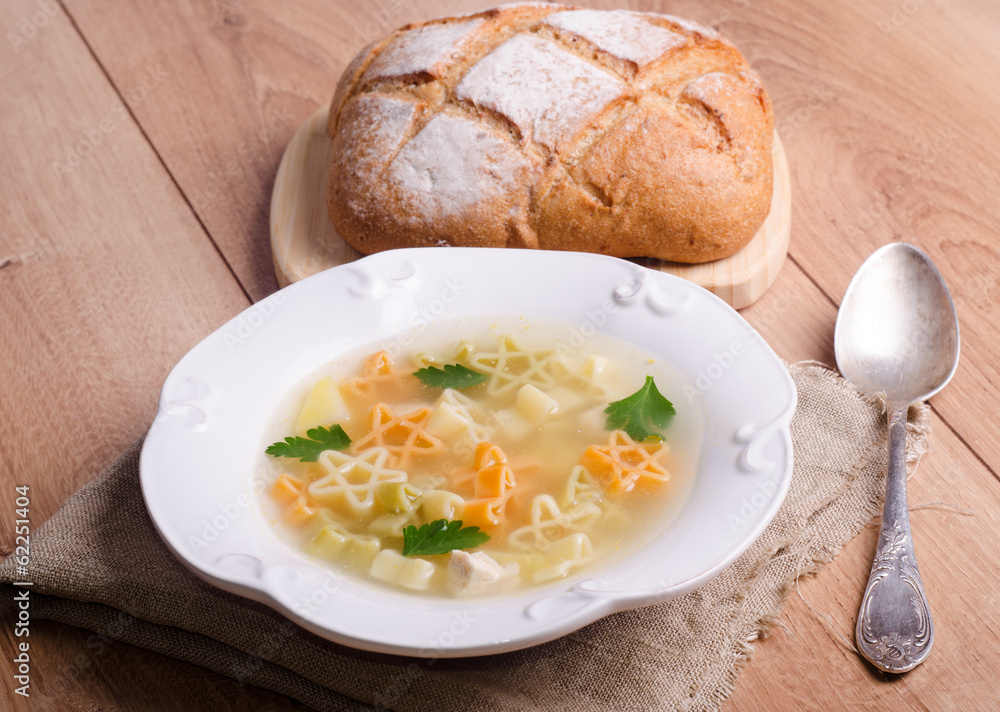 Stars shaped pasta soup