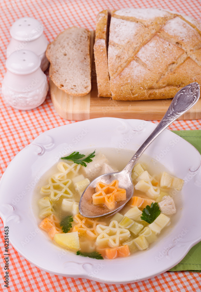Stars shaped pasta soup