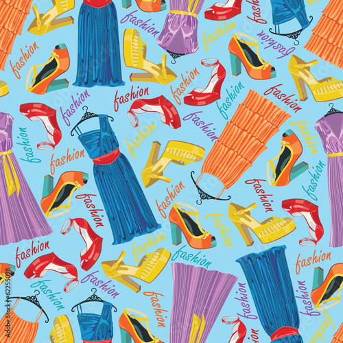 Colored fashionable dresses and open shoes in seamless pattern