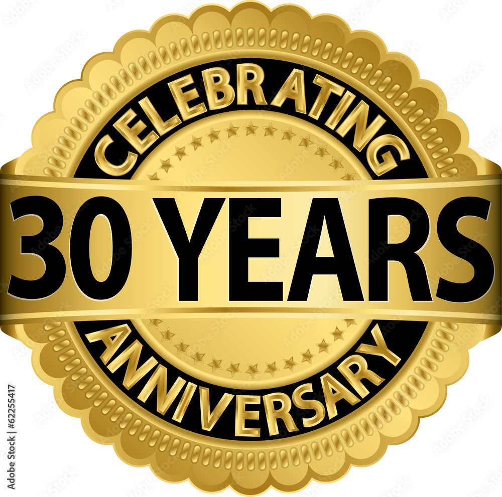Celebrating 30 years anniversary golden label with ribbon, vecto Celebrating 30 years anniversary golden label with ribbon, vecto