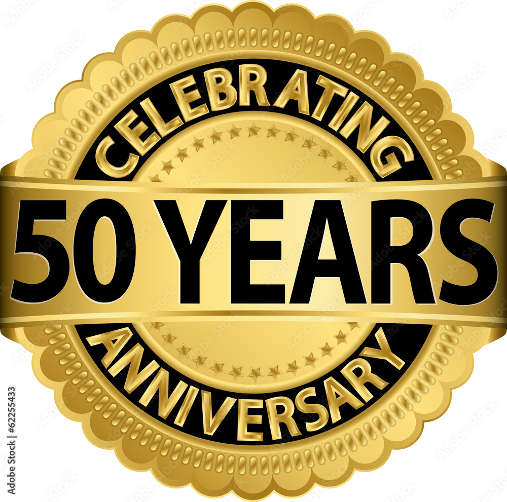 Celebrating 50 years anniversary golden label with ribbon, vecto
