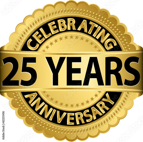 Celebrating 25 years anniversary golden label with ribbon, vecto