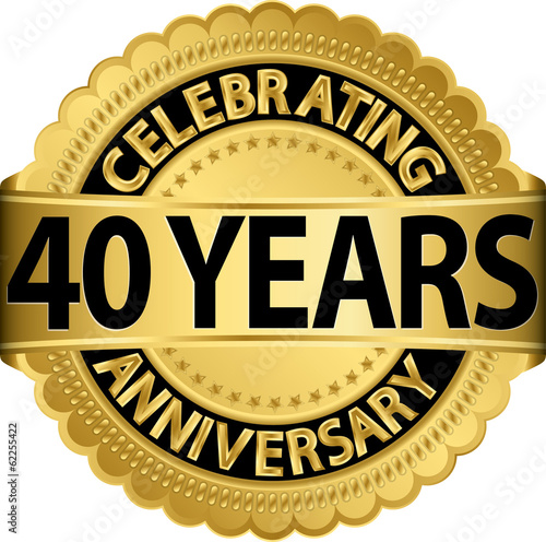 Celebrating 40 years anniversary golden label with ribbon, vecto