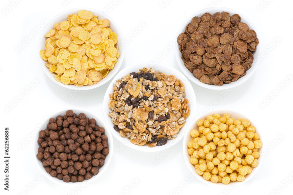 assortment dry cereal for breakfast, isolated assortment dry cereal for breakfast, isolated