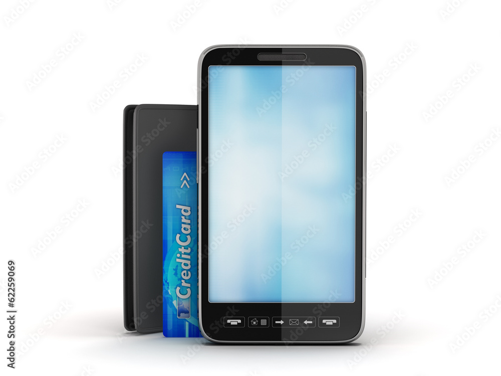 Mobile phone, black wallet and credit card Mobile phone, black wallet and credit card