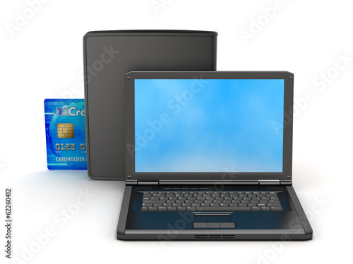 Laptop, credit card and black wallet