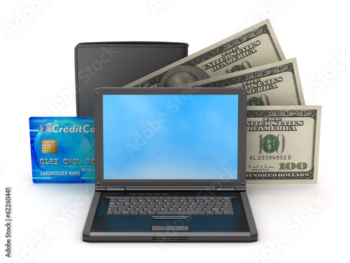 Bank notes, credit card, leather wallet and laptop on white back