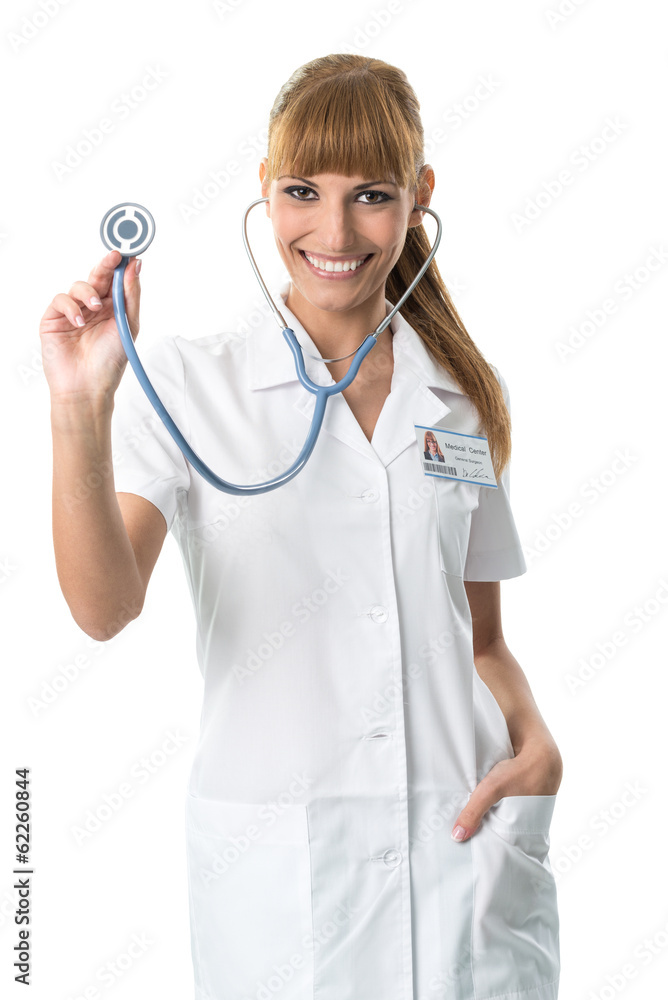 Smiling Doctor in white medical gown ,showing stetoscope Smiling Doctor in white medical gown ,showing stetoscope