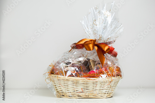 gift basket against grey background