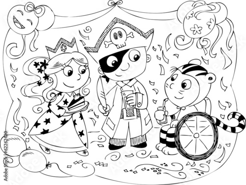 Princess girl, pirate boy and tiger child on wheelchair