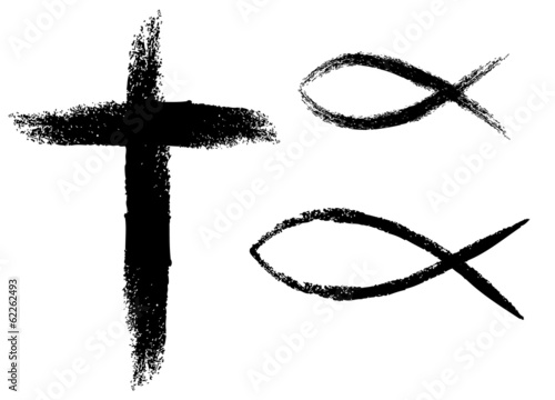 Cross and fish, illustration of Christianity symbols.