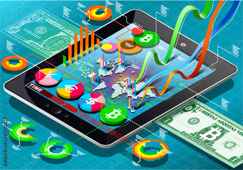 Isometric Virtual Coin Infographic on Tablet Vector