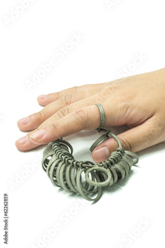 Canvas Print hand with Jeweler finger sizing tools. Ring Gauge , Ring Measure