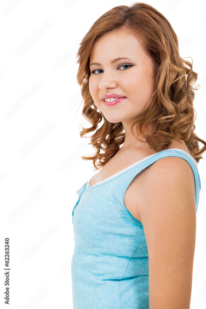 Blondes Mädchen Teenager mit blauen augen und blauem shirt Blondes Mädchen Teenager mit blauen augen und blauem shirt