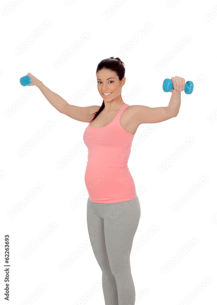 Pregnant woman doing exercise with dumbbells Pregnant woman doing exercise with dumbbells