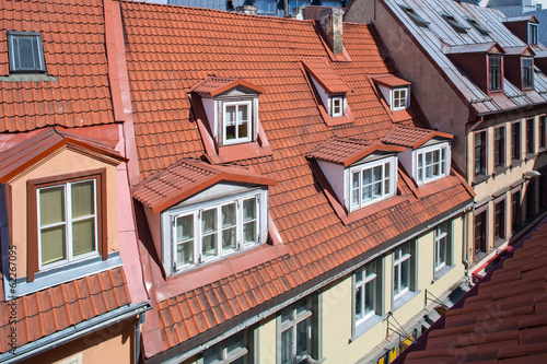 Buildings and tile roofs in old Riga, Latvia.