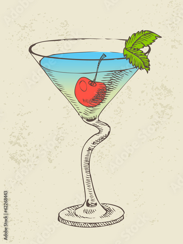 Hand drawn illustration of cocktail with blue curacao