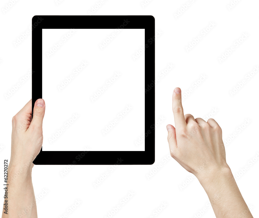 adult man hands using generic tablet pc with white screen adult man hands using generic tablet pc with white screen