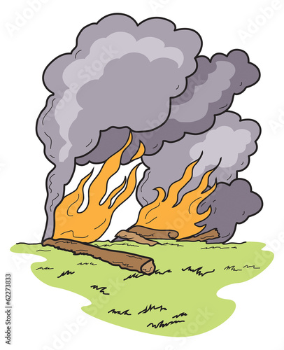Vector Art Wild Fire with Dark Smoke Grass and Logs