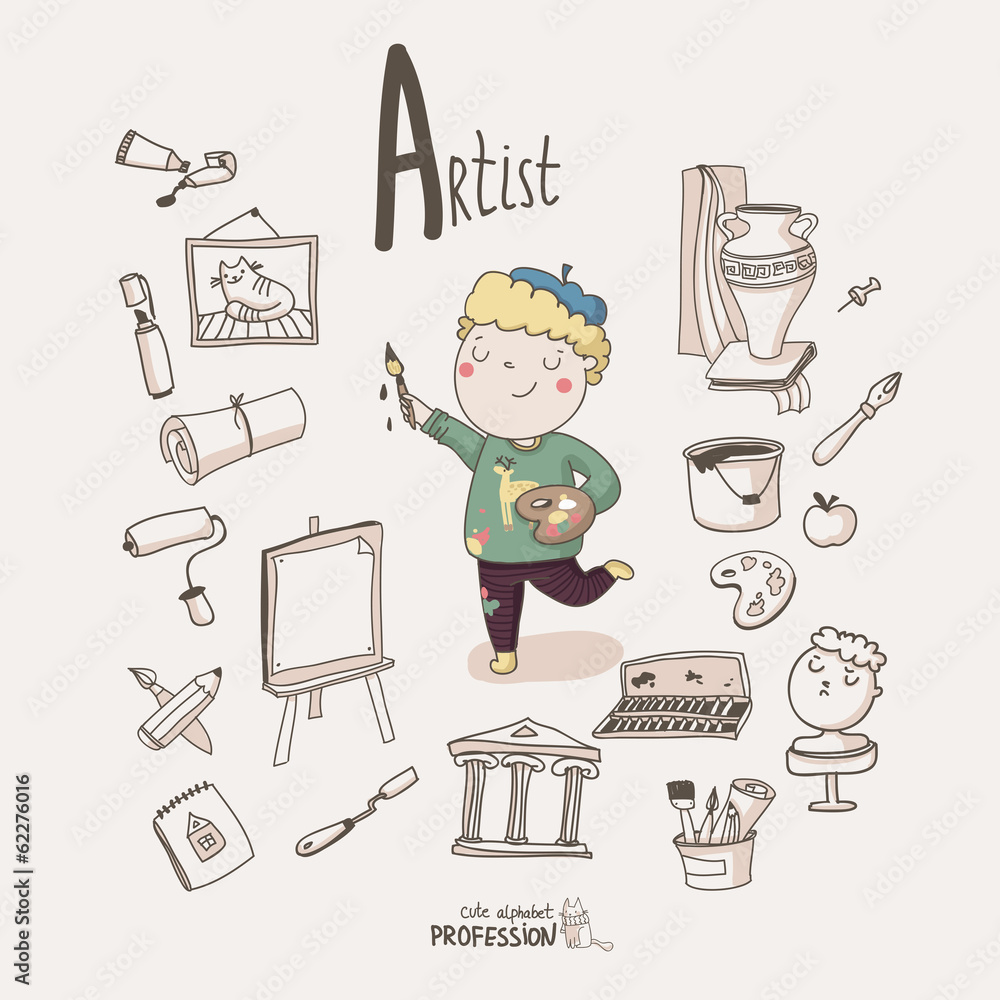 Fototapeta premium Cute vector alphabet Profession. Letter A - Artist