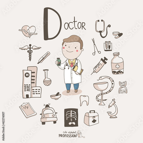 Cute vector alphabet Profession. Letter D - Doctor