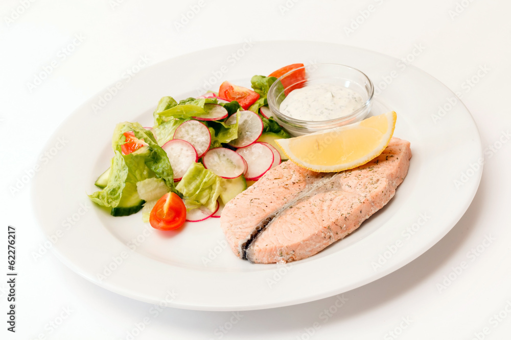 salmon steak with salad