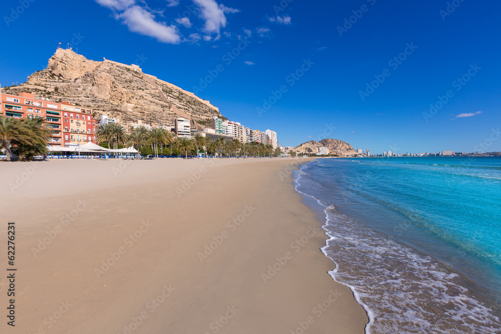 Alicante Postiguet beach and castle Santa Barbara in Spain