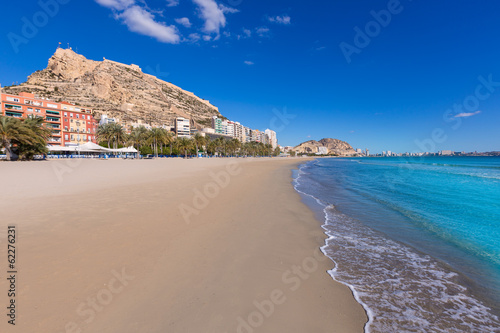 Alicante Postiguet beach and castle Santa Barbara in Spain photo